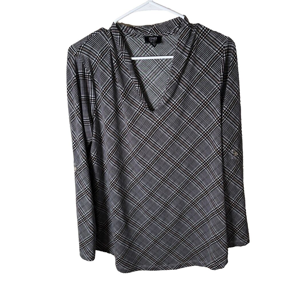 Jones New York Blouse Women's Large V-Neck Printed Long Sleeve Career Shirt